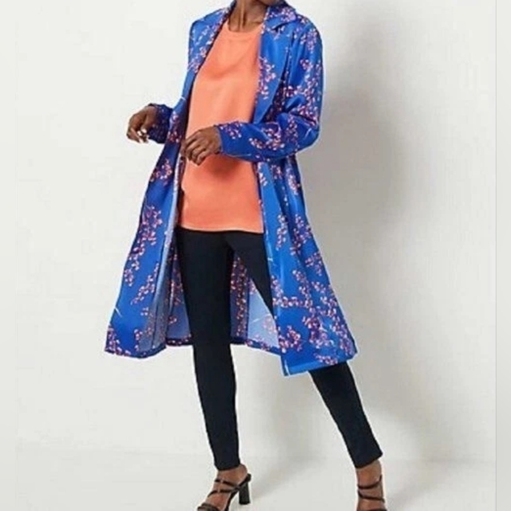 J Jason Wu Women's Woven Printed Lightweight Satin Floral Trench, Blue & Pink